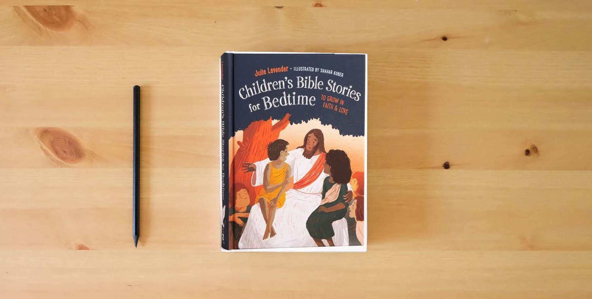 The book Childrens Bible Stories for Bedtime (Fully Illustrated): Gift Edition: To Grow in Faith & Love is on the table