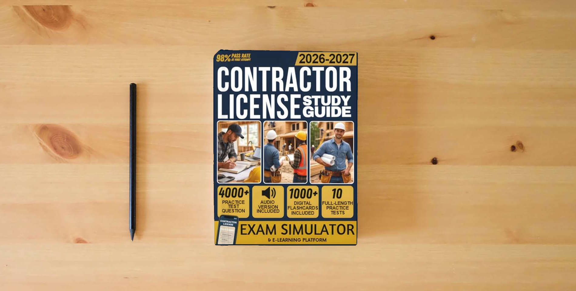 The book CONTRACTOR LICENSE STUDY GUIDE 2026-2027: 10 Full-Length Practice Tests, 4,000+ Practice Questions, Exam Simulator, Audiobooks, Flashcards & Complete ... Classification Mastery for All License Types is on the table