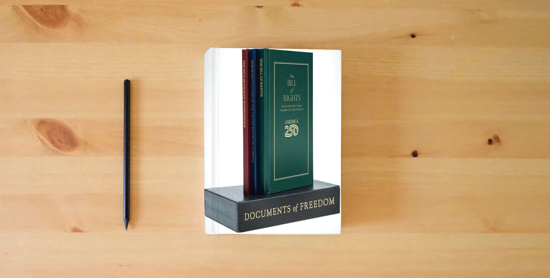 The book Documents of Freedom Boxed Set (America 250 Edition) (Books of American Wisdom) is on the table