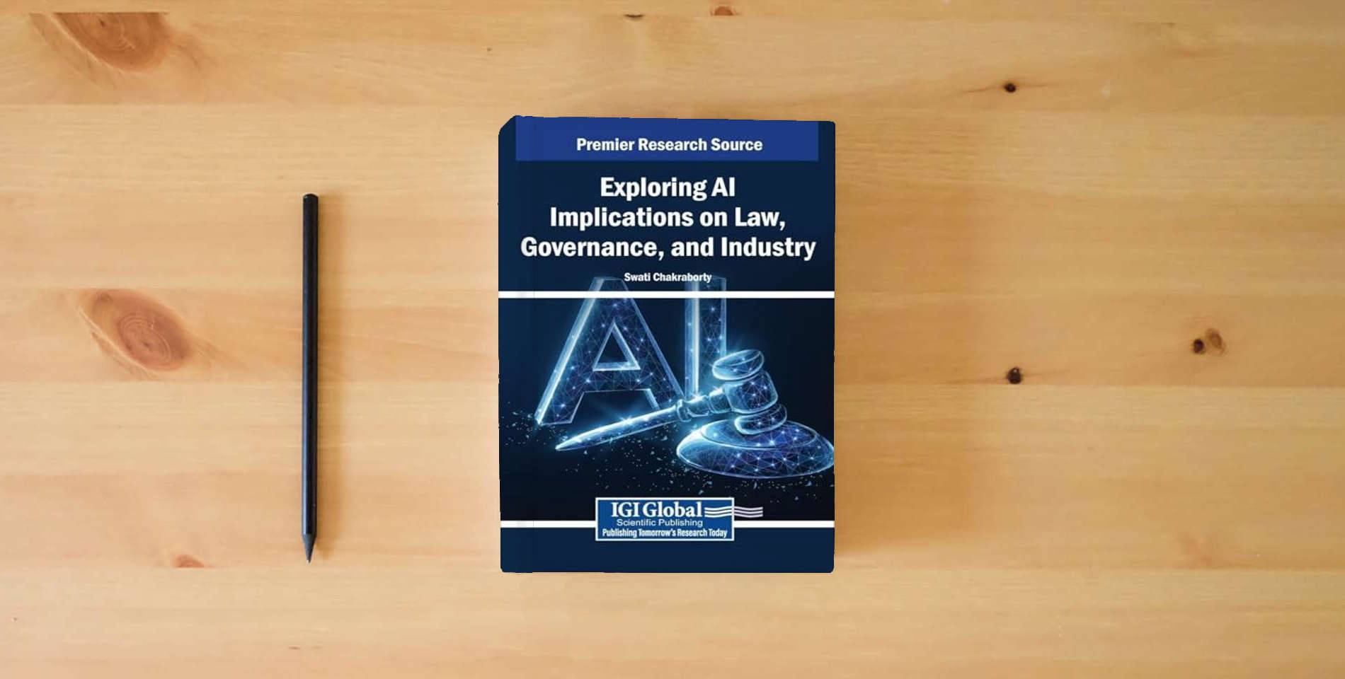 The book Exploring Ai Implications on Law, Governance, and Industry is on the table