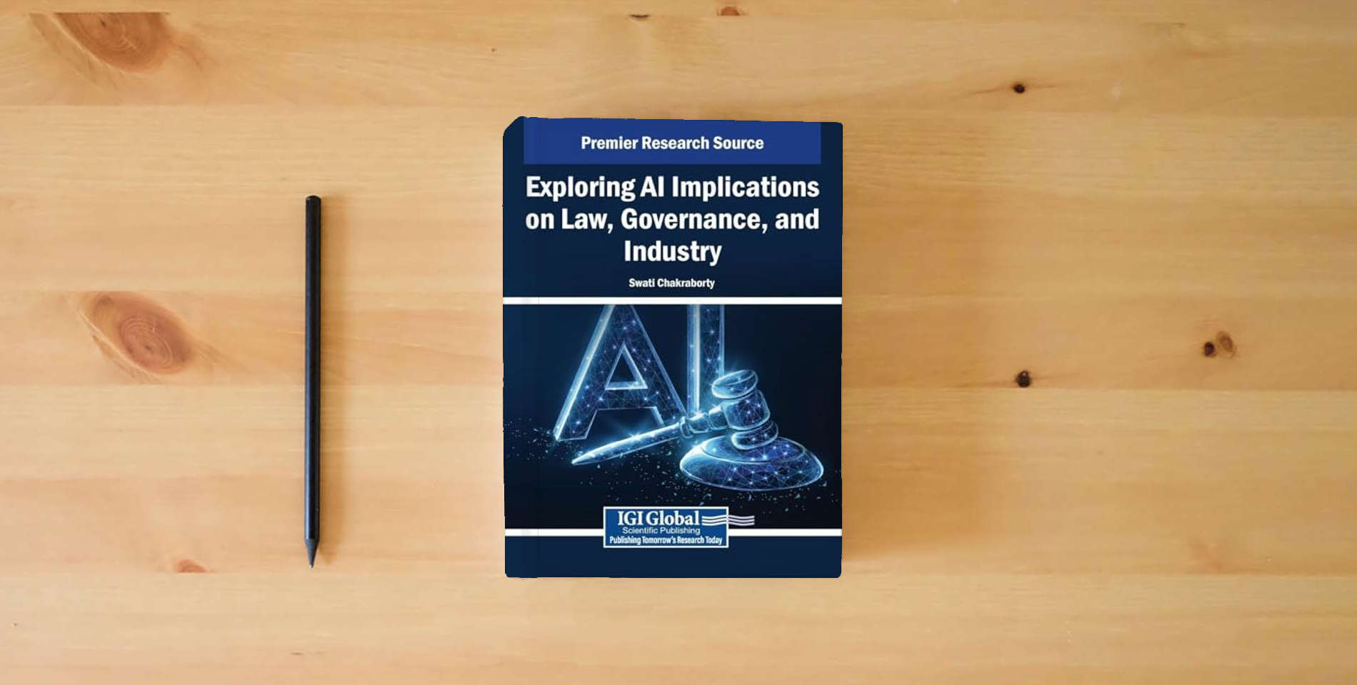 The book Exploring Ai Implications on Law, Governance, and Industry is on the table