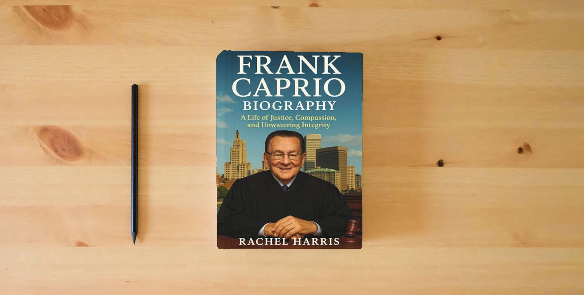The book Frank Caprio Biography: A Life of Justice, Compassion, and Unwavering Integrity is on the table