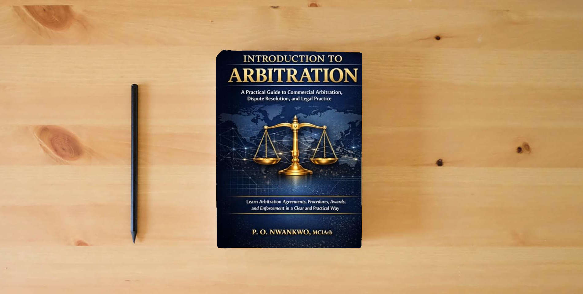 The book INTRODUCTION TO ARBITRATION: A Practical Guide to Commercial Arbitration, Dispute Resolution, and Legal Practice is on the table