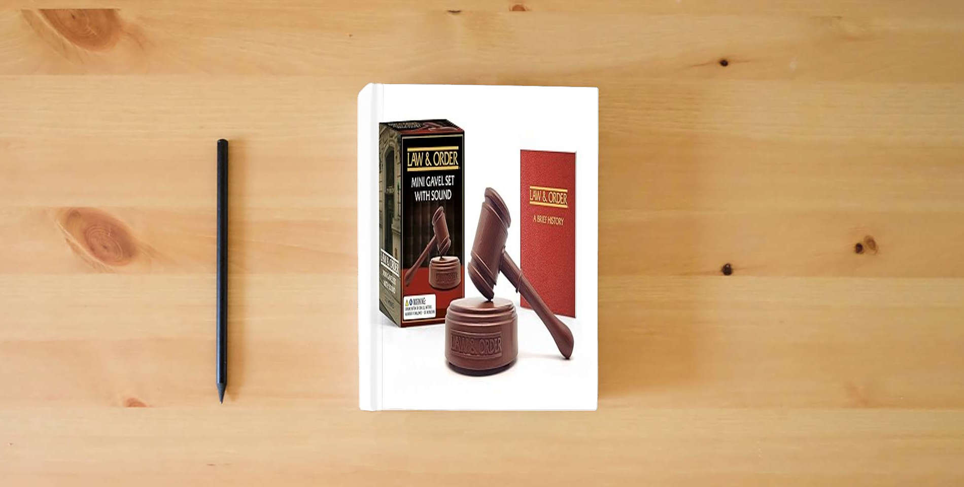 The book Law & Order: Mini Gavel Set with Sound (RP Minis) is on the table