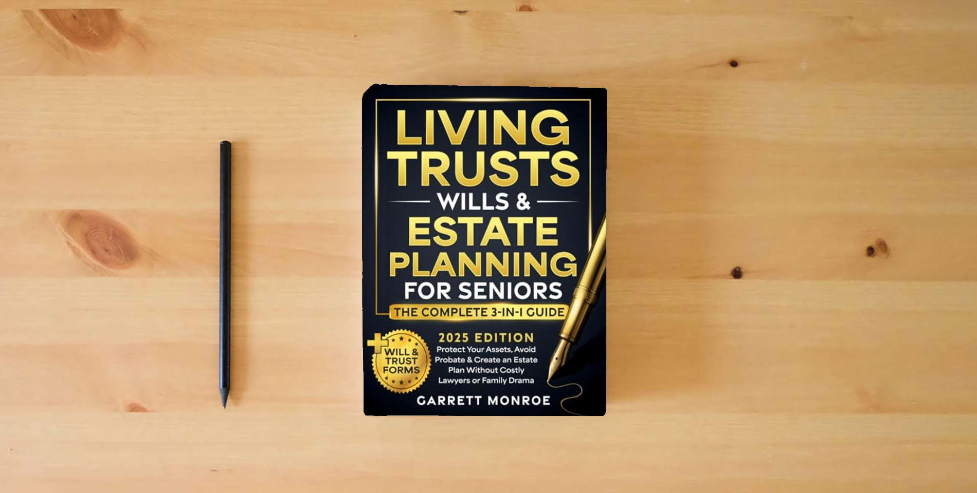 The book Living Trusts, Wills & Estate Planning for Seniors - The Complete 3-in-1 Guide: Protect Your Assets, Avoid Probate & Create an Estate Plan Without Costly Lawyers or Family Drama (+Will & Trust Forms) is on the table
