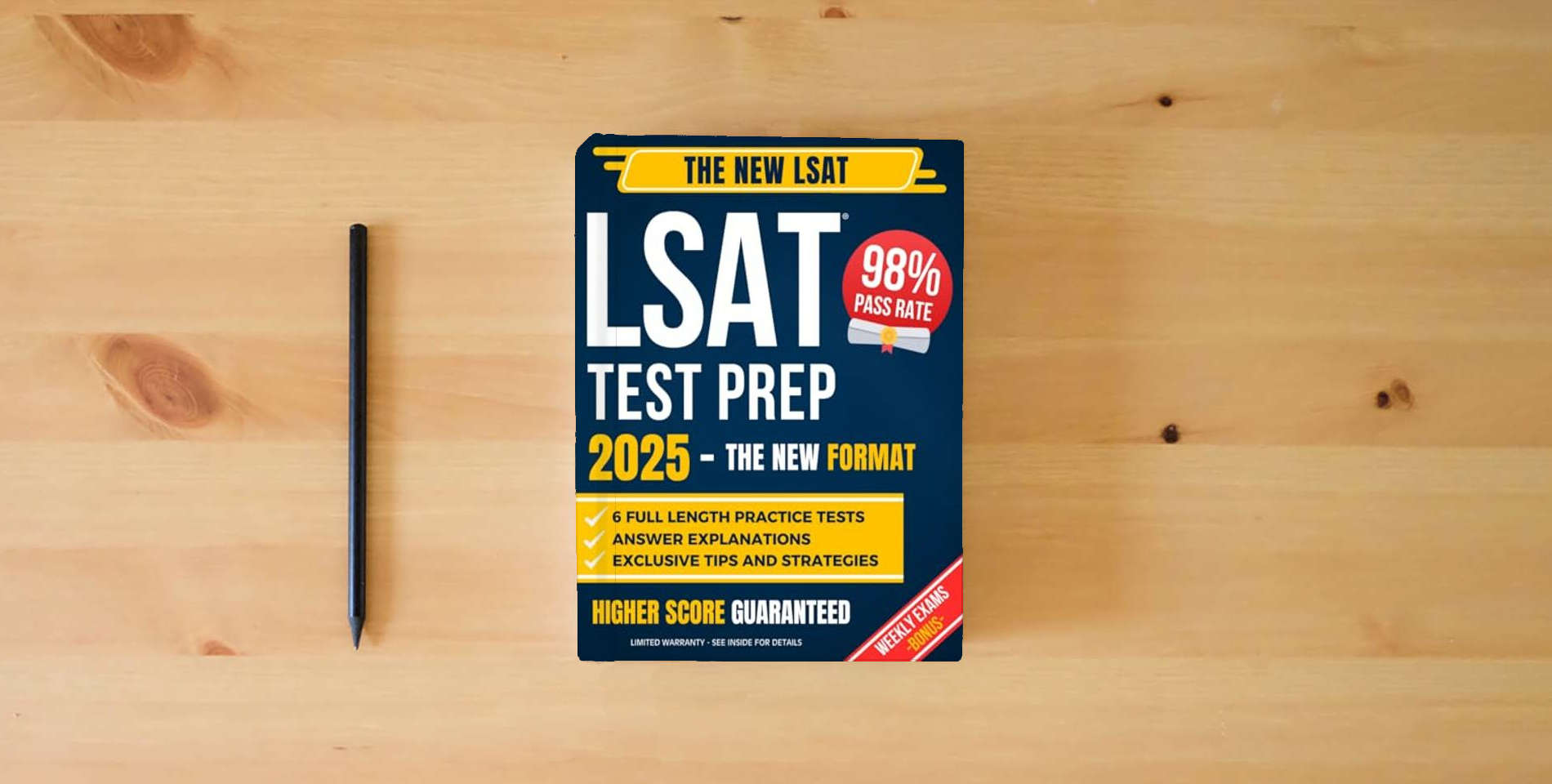 The book LSAT Test Prep: The Complete Study Guide to Ace the New LSAT with a Proven Strategy System | Includes 6 Full-Length Practice Tests and Weekly Exams to Master Every Section and Get into Top Law Schools is on the table