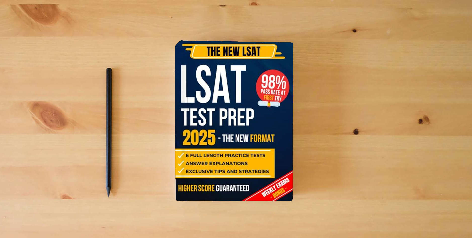 The book LSAT Test Prep: The Most Complete Guide to Passing the Exam on Your First Try with the Highest Score | Includes 6 Full-Length Practice Tests and EXTRA Weekly Exams Based on the New LSAT Format is on the table