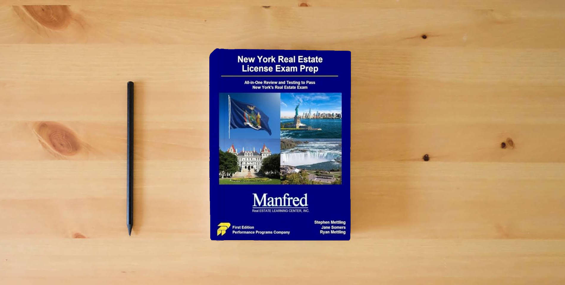The book New York Real Estate License Exam Prep - Manfred Real Estate Learning Center Edition is on the table