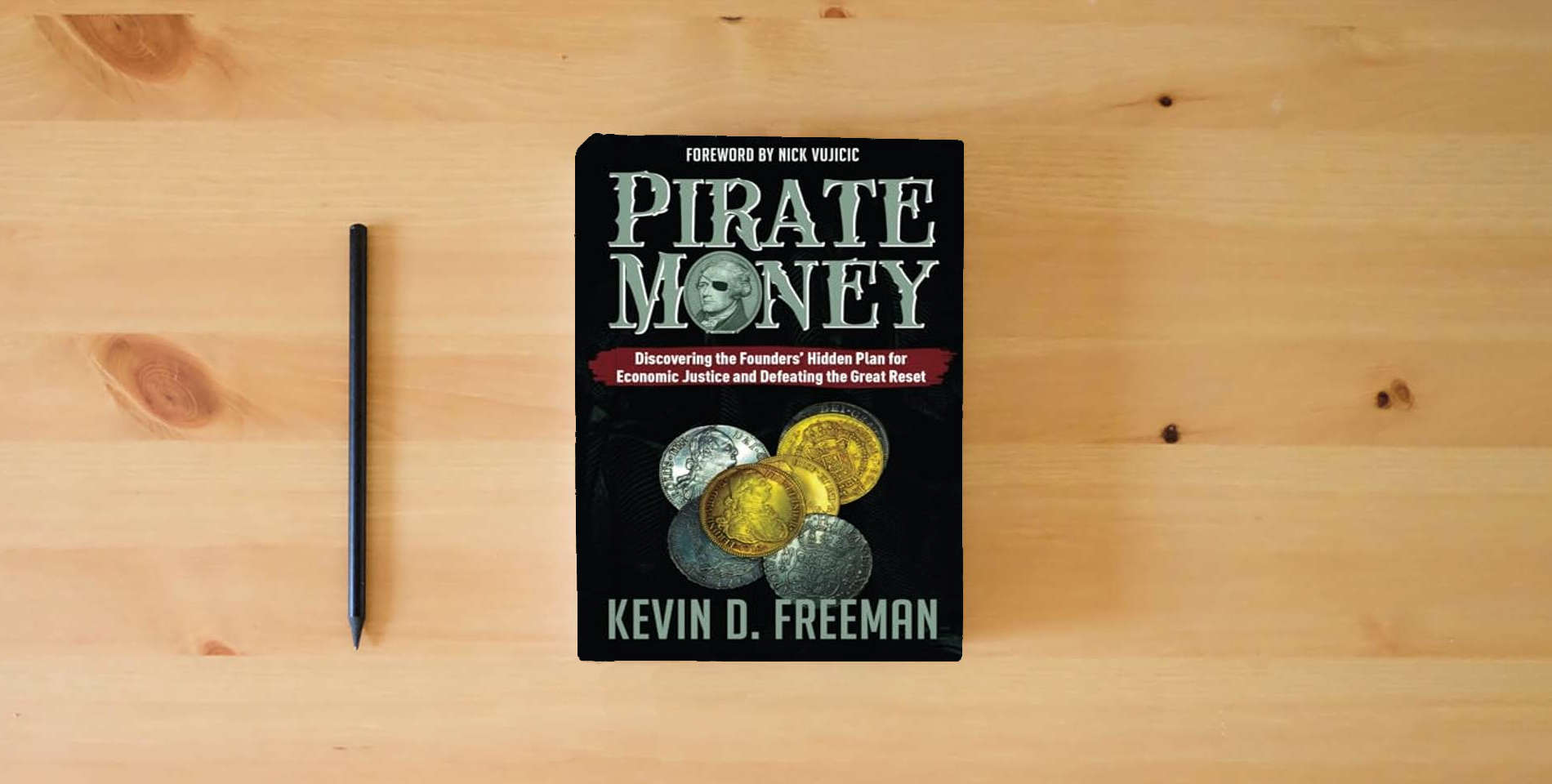 The book Pirate Money: Discovering the Founders’ Hidden Plan for Economic Justice and Defeating the Great Reset is on the table