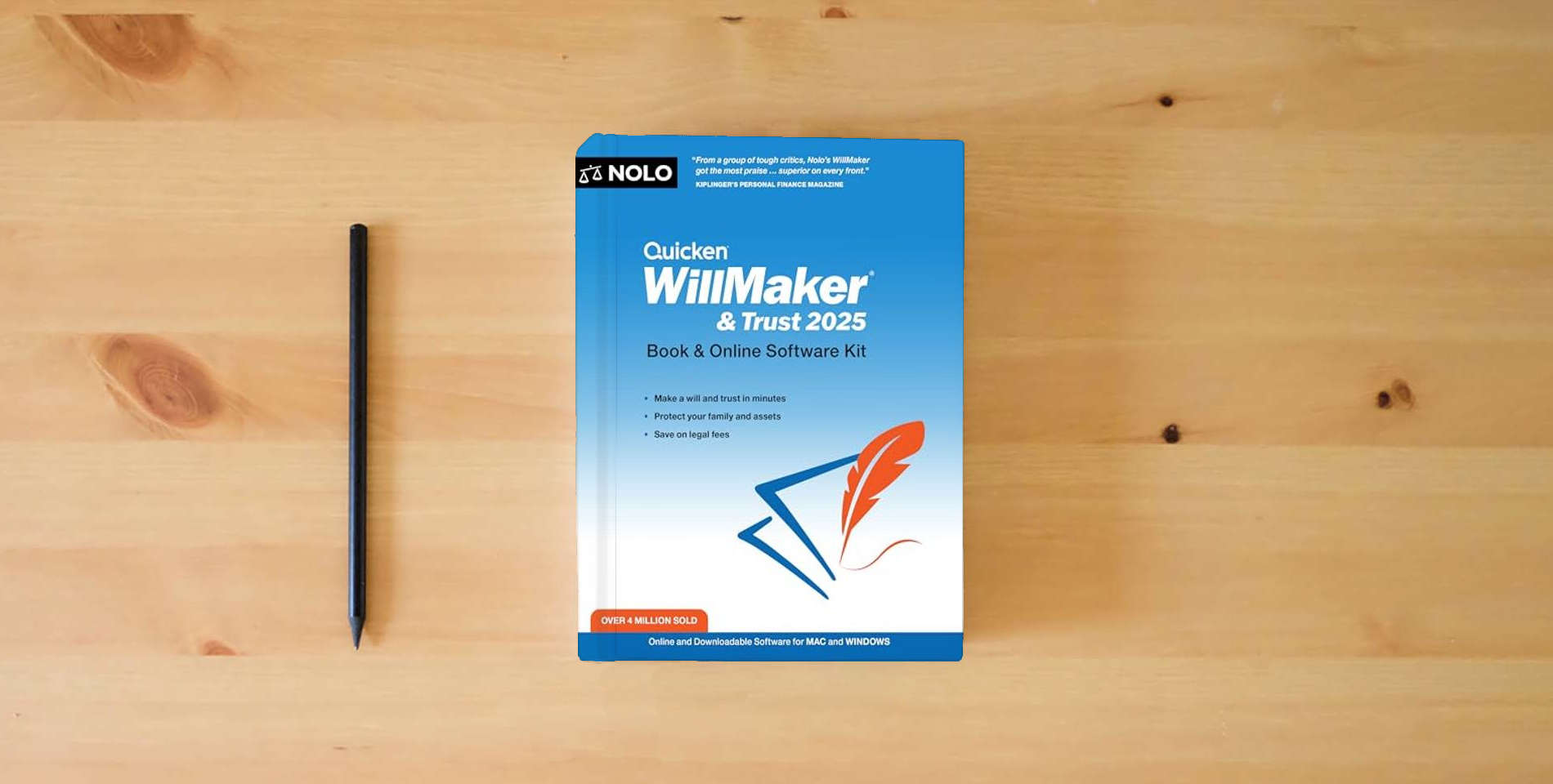 The book Quicken Willmaker & Trust 2025: Book & Online Software Kit is on the table