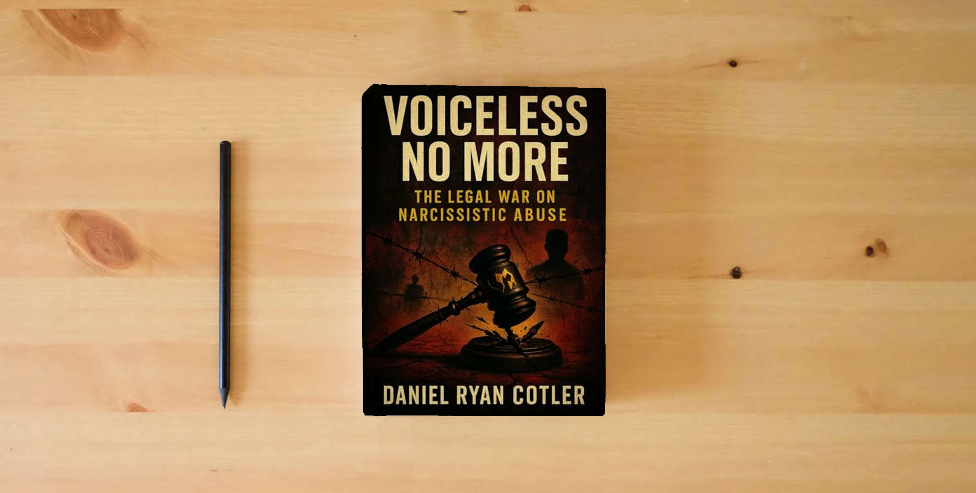 The book Voiceless No More: The Legal War on Narcissistic Abuse (Narcissistic Psychological Warfare: The Voiceless Justice Series) is on the table