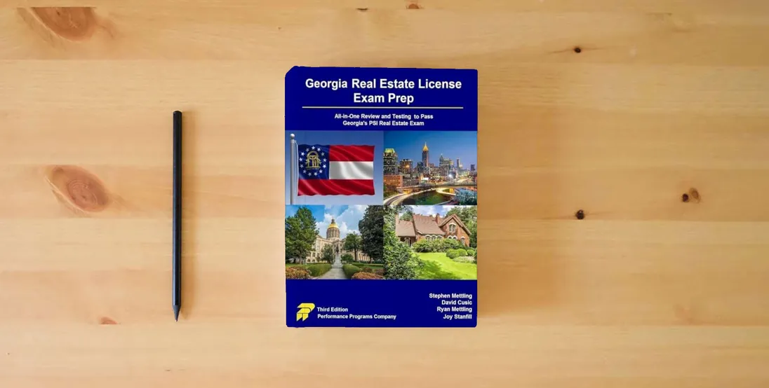 The book Georgia Real Estate License Exam Prep: All-in-One Review and Testing to Pass Georgia's PSI Real Estate Exam} is on the table