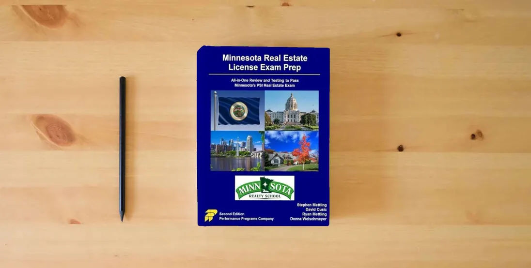 The book Minnesota Real Estate License Exam Prep - Minnesota Realty School Edition} is on the table