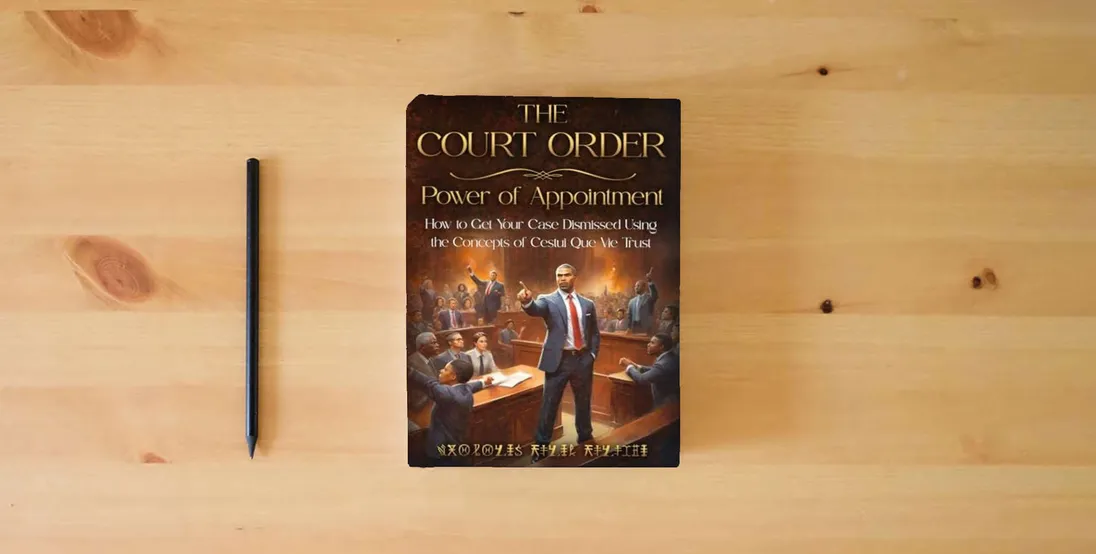 The book THE COURT ORDER: POWER OF APPOINTMENT: How to Get Your Case Dismissed Using the Concepts of Cestui Que Vie Trust} is on the table