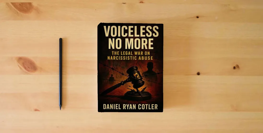 The book Voiceless No More: The Legal War on Narcissistic Abuse (Narcissistic Psychological Warfare: The Voiceless Justice Series)} is on the table